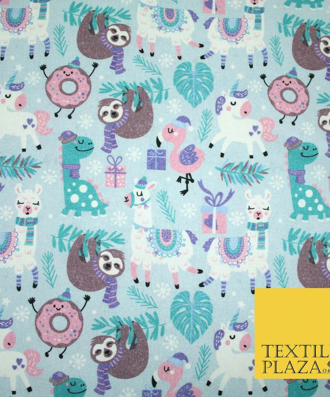 Blue Festive Sloth Llama Christmas Party Digital Print 100% Cotton Fabric 4942