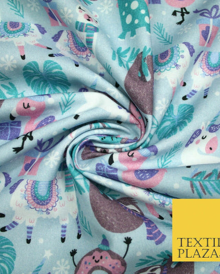 Blue Festive Sloth Llama Christmas Party Digital Print 100% Cotton Fabric 4942