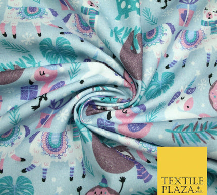 Blue Festive Sloth Llama Christmas Party Digital Print 100% Cotton Fabric 4942