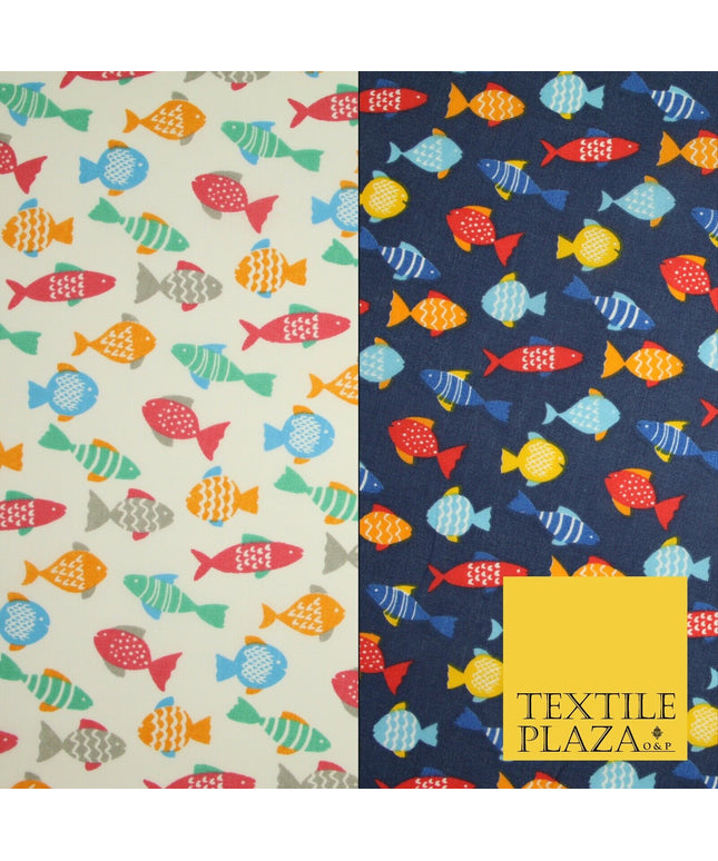 Multicolour Small Swimming Fish Printed Poly Cotton Fabric Polycotton Mask 45"