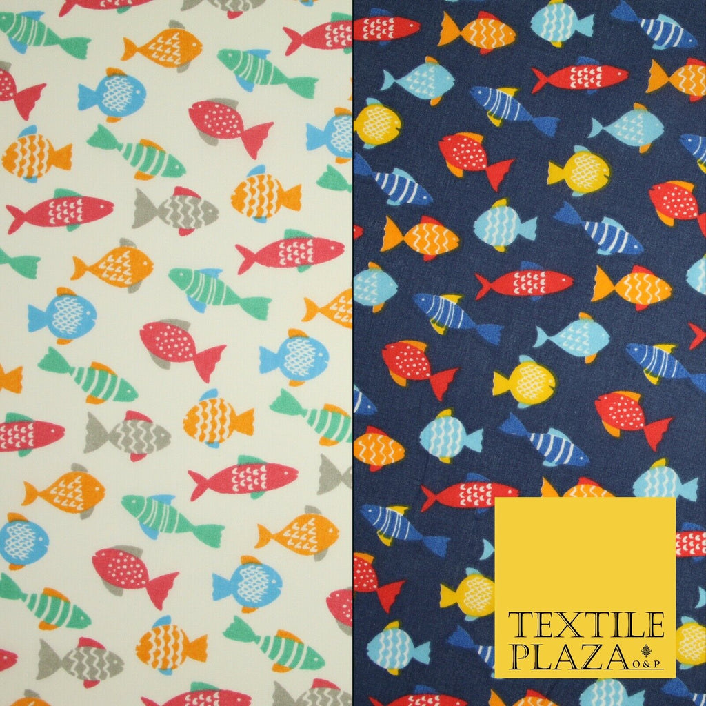 Multicolour Small Swimming Fish Printed Poly Cotton Fabric Polycotton Mask 45"