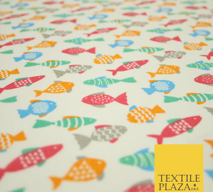 Multicolour Small Swimming Fish Printed Poly Cotton Fabric Polycotton Mask 45"