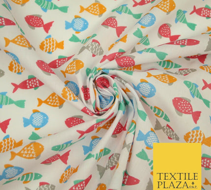 Multicolour Small Swimming Fish Printed Poly Cotton Fabric Polycotton Mask 45"