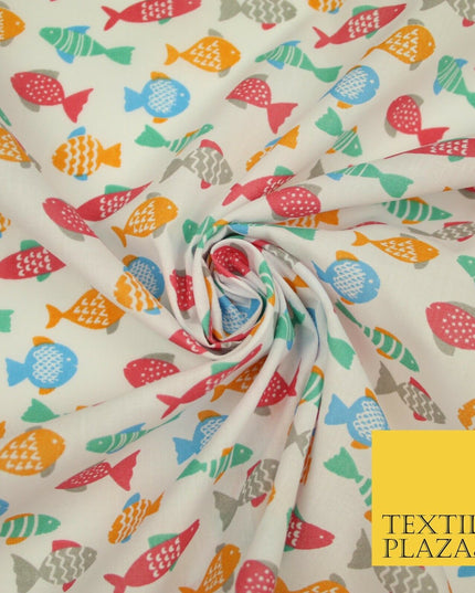 Multicolour Small Swimming Fish Printed Poly Cotton Fabric Polycotton Mask 45"