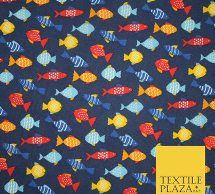 Multicolour Small Swimming Fish Printed Poly Cotton Fabric Polycotton Mask 45"