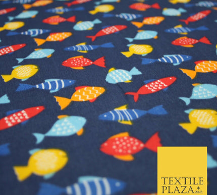 Multicolour Small Swimming Fish Printed Poly Cotton Fabric Polycotton Mask 45"