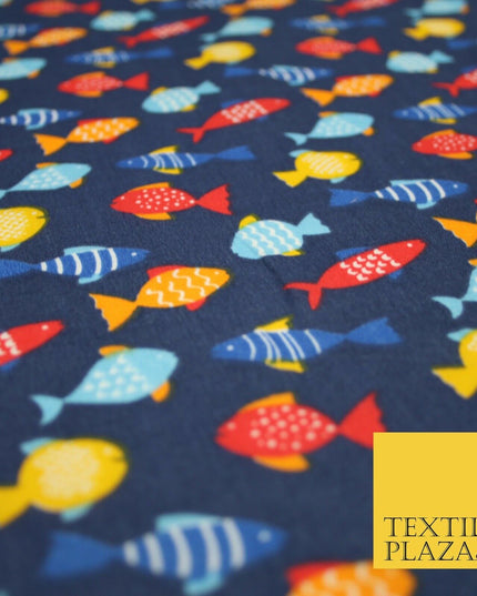 Multicolour Small Swimming Fish Printed Poly Cotton Fabric Polycotton Mask 45"