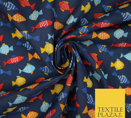 Multicolour Small Swimming Fish Printed Poly Cotton Fabric Polycotton Mask 45"