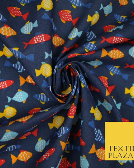 Multicolour Small Swimming Fish Printed Poly Cotton Fabric Polycotton Mask 45"