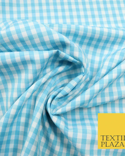 Turquoise Blue White 4mm Gingham Square Check Polycotton Fabric Dress Craft 58"