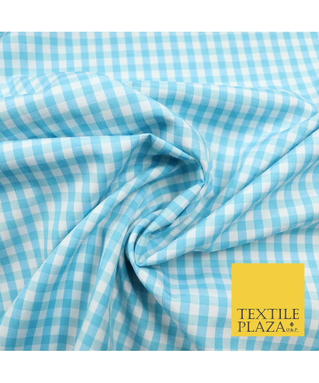 Turquoise Blue White 4mm Gingham Square Check Polycotton Fabric Dress Craft 58"
