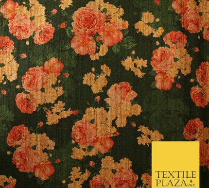Dark Emerald Forest Green Floral Cluster Digital Print Faux Raw Silk Fabric 3016