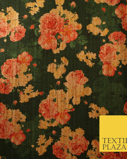 Dark Emerald Forest Green Floral Cluster Digital Print Faux Raw Silk Fabric 3016