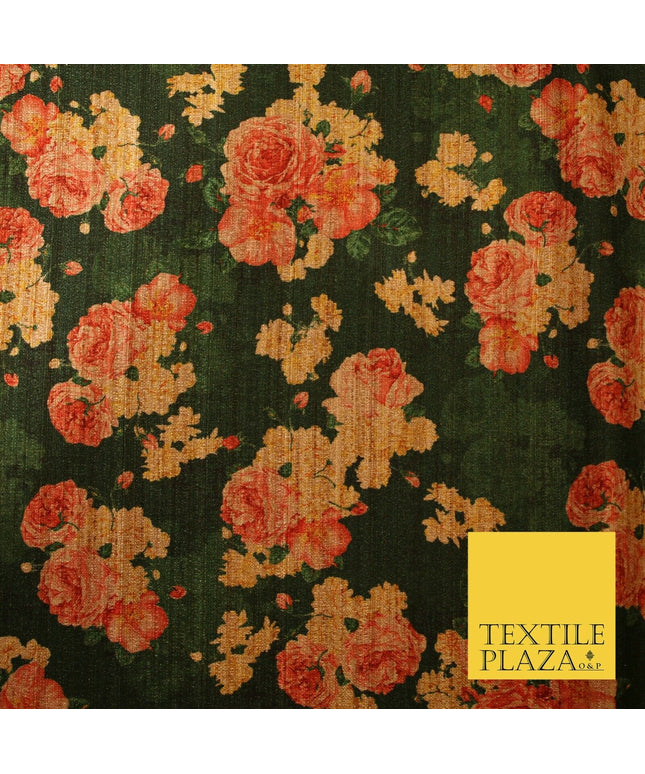 Dark Emerald Forest Green Floral Cluster Digital Print Faux Raw Silk Fabric 3016