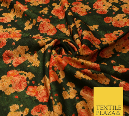Dark Emerald Forest Green Floral Cluster Digital Print Faux Raw Silk Fabric 3016