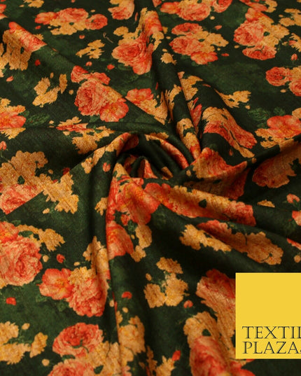 Dark Emerald Forest Green Floral Cluster Digital Print Faux Raw Silk Fabric 3016