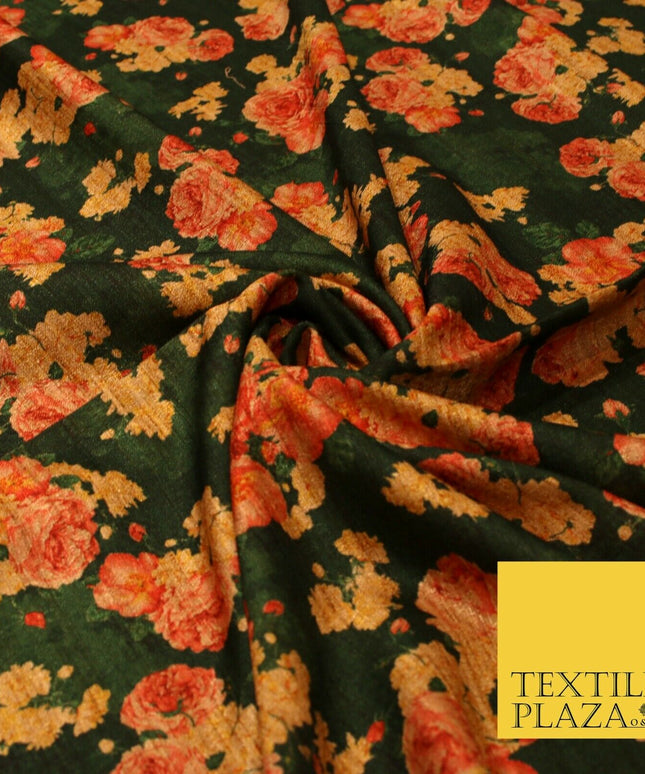 Dark Emerald Forest Green Floral Cluster Digital Print Faux Raw Silk Fabric 3016