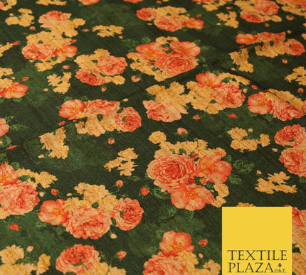 Dark Emerald Forest Green Floral Cluster Digital Print Faux Raw Silk Fabric 3016