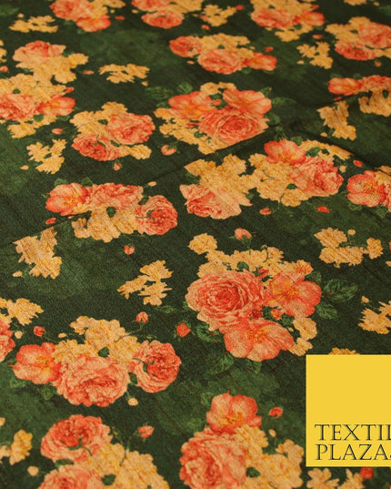Dark Emerald Forest Green Floral Cluster Digital Print Faux Raw Silk Fabric 3016