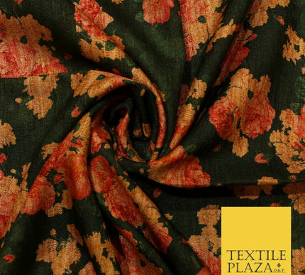 Dark Emerald Forest Green Floral Cluster Digital Print Faux Raw Silk Fabric 3016