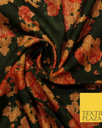 Dark Emerald Forest Green Floral Cluster Digital Print Faux Raw Silk Fabric 3016