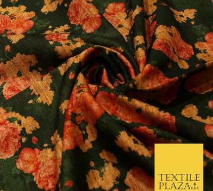 Dark Emerald Forest Green Floral Cluster Digital Print Faux Raw Silk Fabric 3016