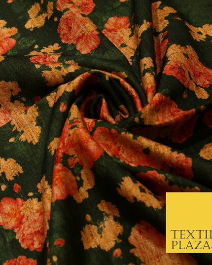Dark Emerald Forest Green Floral Cluster Digital Print Faux Raw Silk Fabric 3016