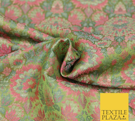Green Pink Luxury Multi Flower PURE Benarsi Brocade Woven Dress Fabric Fancy1755