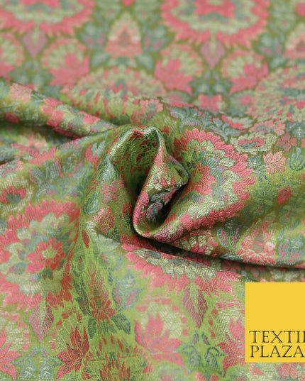Green Pink Luxury Multi Flower PURE Benarsi Brocade Woven Dress Fabric Fancy1755