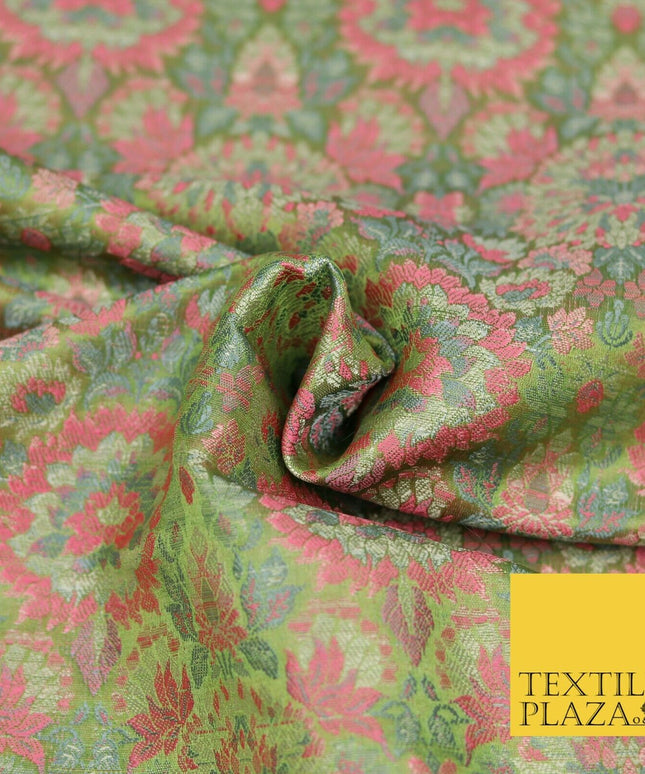 Green Pink Luxury Multi Flower PURE Benarsi Brocade Woven Dress Fabric Fancy1755