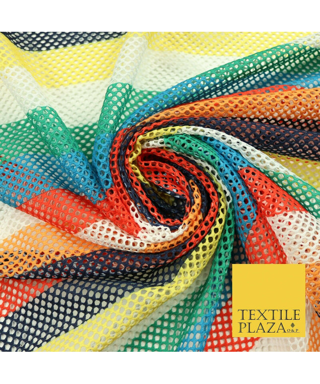 Colourful Striped Fish Net Airtex 4mm Hole Mesh Stretch Polyester Material 4343