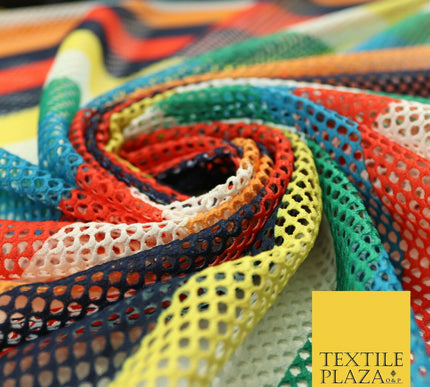 Colourful Striped Fish Net Airtex 4mm Hole Mesh Stretch Polyester Material 4343