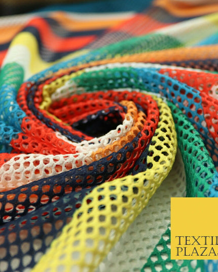 Colourful Striped Fish Net Airtex 4mm Hole Mesh Stretch Polyester Material 4343