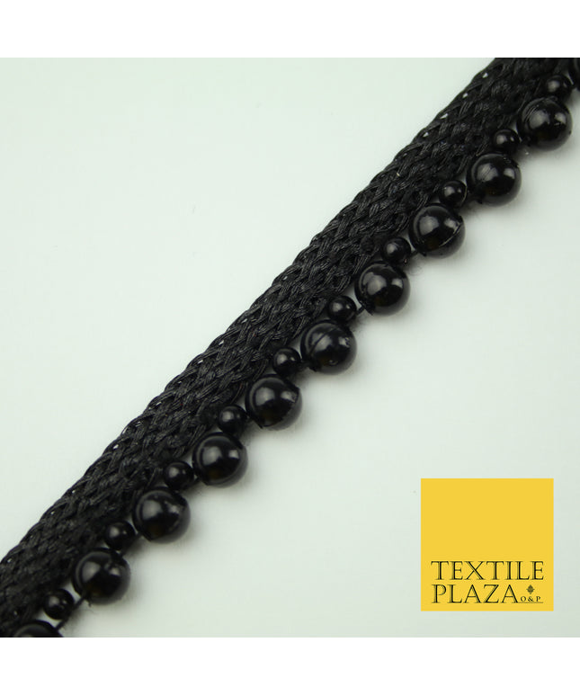 Full Black Pearl Ball Shiny Beaded Ribbon Trim Border Indian Lace X335