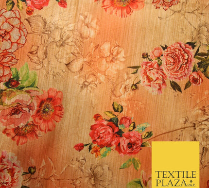 Light Peach Gold Rose Floral Digital Print Faux Raw Silk Fabric Dress Craft 3002