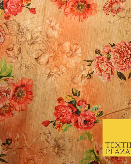 Light Peach Gold Rose Floral Digital Print Faux Raw Silk Fabric Dress Craft 3002