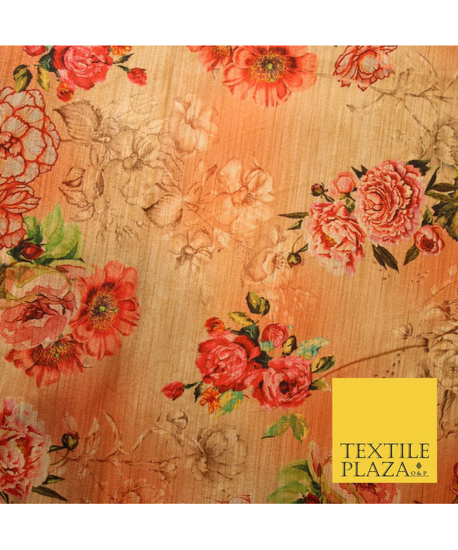 Light Peach Gold Rose Floral Digital Print Faux Raw Silk Fabric Dress Craft 3002