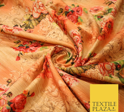 Light Peach Gold Rose Floral Digital Print Faux Raw Silk Fabric Dress Craft 3002