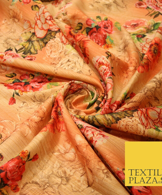Light Peach Gold Rose Floral Digital Print Faux Raw Silk Fabric Dress Craft 3002