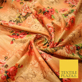 Light Peach Gold Rose Floral Digital Print Faux Raw Silk Fabric Dress Craft 3002