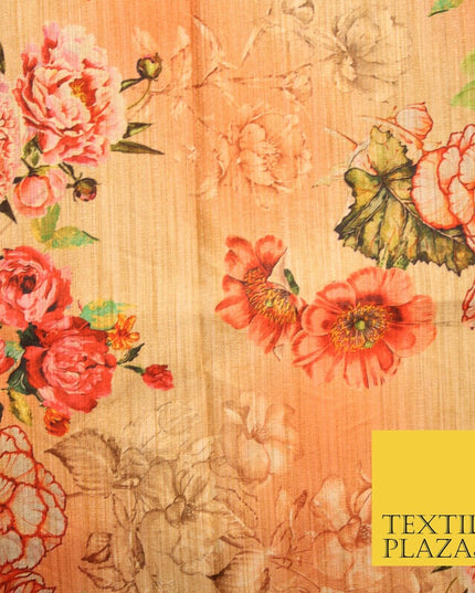 Light Peach Gold Rose Floral Digital Print Faux Raw Silk Fabric Dress Craft 3002