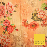 Light Peach Gold Rose Floral Digital Print Faux Raw Silk Fabric Dress Craft 3002