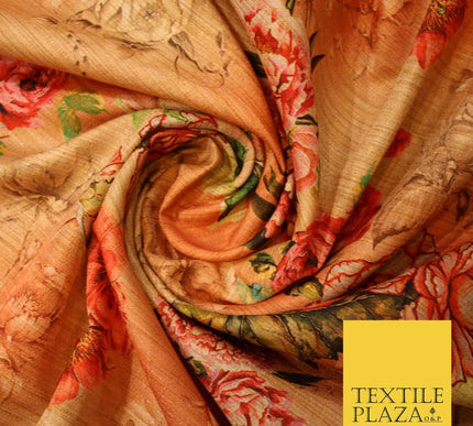 Light Peach Gold Rose Floral Digital Print Faux Raw Silk Fabric Dress Craft 3002