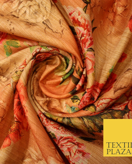 Light Peach Gold Rose Floral Digital Print Faux Raw Silk Fabric Dress Craft 3002