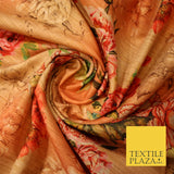 Light Peach Gold Rose Floral Digital Print Faux Raw Silk Fabric Dress Craft 3002