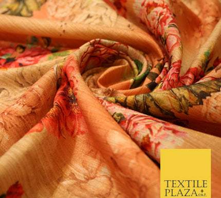 Light Peach Gold Rose Floral Digital Print Faux Raw Silk Fabric Dress Craft 3002
