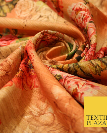 Light Peach Gold Rose Floral Digital Print Faux Raw Silk Fabric Dress Craft 3002