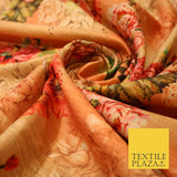 Light Peach Gold Rose Floral Digital Print Faux Raw Silk Fabric Dress Craft 3002