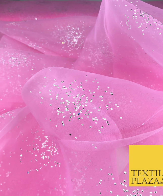 PINK Premium Glitter Hologram Cluster Organza Fabric - Dress Flowy Decor QD919