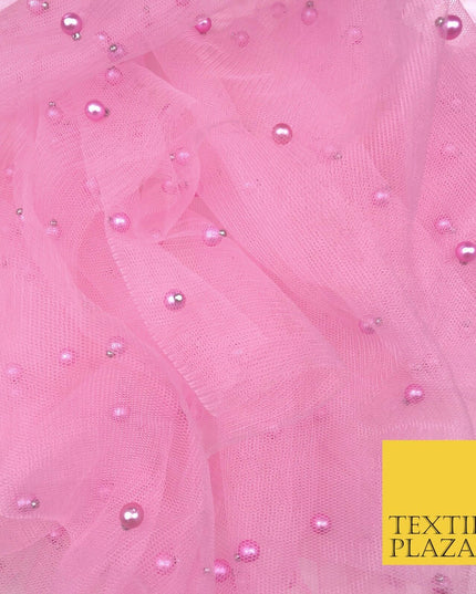 BABY PINK Studded Pearl Mesh Net Fabric Bridal Sheer Craft Dress N1112
